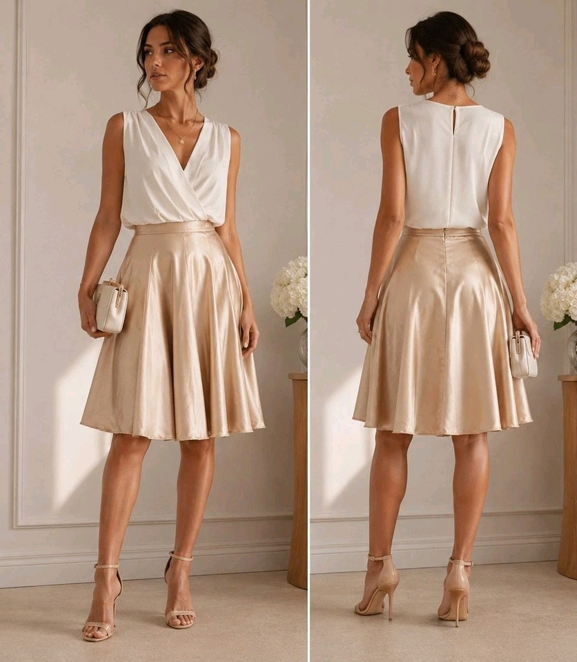 WAYNE COOPER 10 Champagne Satin Circle Skirt High Waist A Line Midi Occasion #A2
