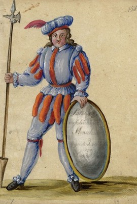 Renaissance Garde mit Hellebarde & Schild Gouache Gemälde um 1820 Leopold Billek