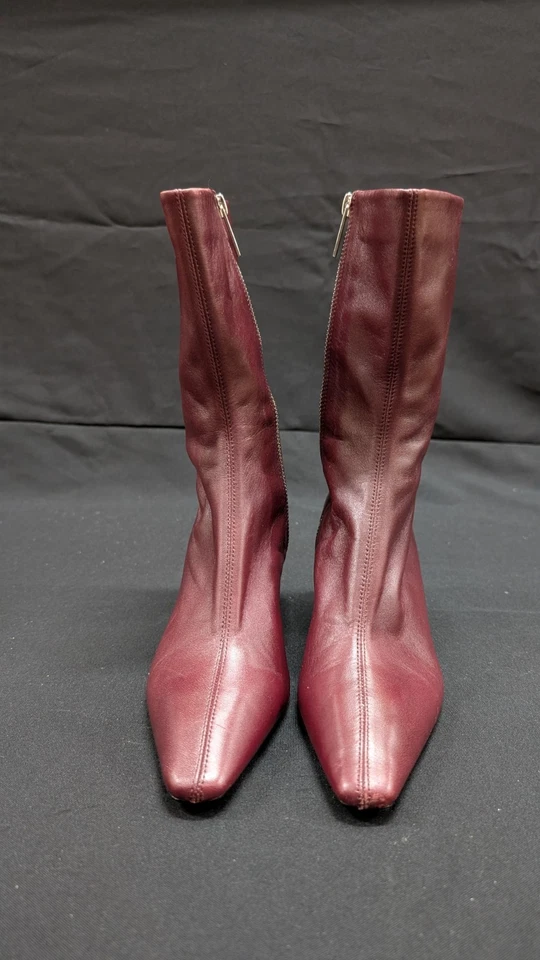 Botas Zara Tacón Cuero Tobillo Gatito Borgoña EE. UU. Talla 6.5 Foto 2 de 4