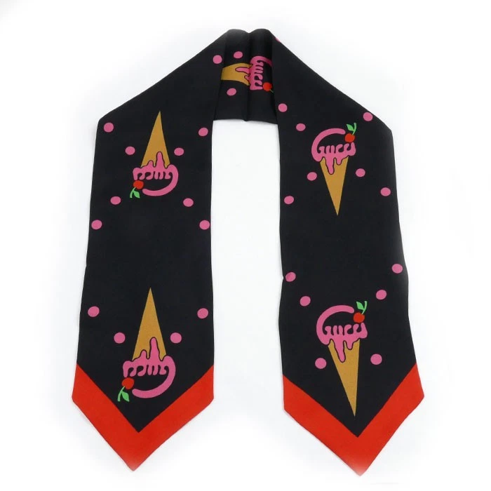 Gucci foulard nœud col soie cerise crème glacée noir rouge multicolore occasion