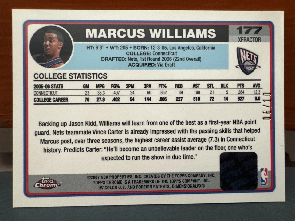 2007/08 Topps Chrome Marcus Williams Rookie X Fractor Auto #’d 10 - Image 4 of 4