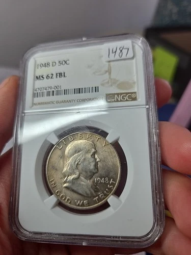 1948 D NGC MS62FBL Franklin Half Dollar 50c Silver US Mint Coin 1948-D MS-62 FBL