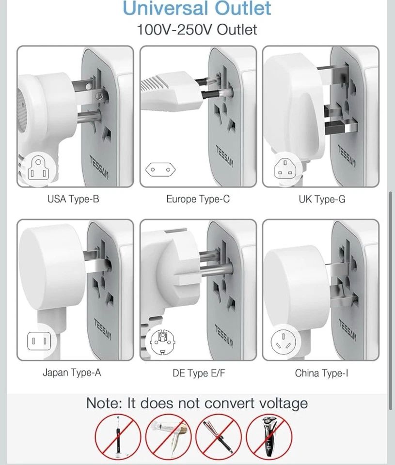 Adaptador de Viaje Universal TESSAN, Adaptador de Corriente Internacional 5.6A 3 USB C 2 USB Foto 4 de 4