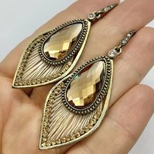 Vtg Art Deco Victorian Revival Rhinestone Gold Teardrop Dangle Earrings Hook Big