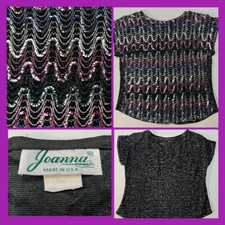 Vintage Joanna Sequin Sparkle Disco Top Pink Silver USA Chest 36 Shoulder Pads
