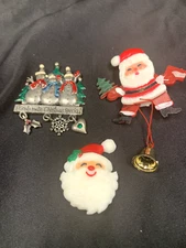 Vintage Christmas Pins Santa Moving Arms and Legs Santa Head Metal Snowman Set 3