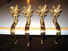 4- Vintage Brass cherub stocking holder's Christmas 8 inch tall angels