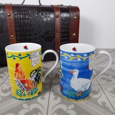 Dunoon Paysan Ducks & Cockerel Hen Mugs Yellow Blue Unused