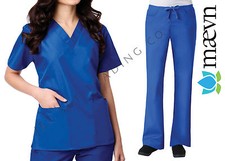 Maevn Women's Royal Blue Scrub Set 2 Pocket Top Flare Leg Pants Sizes 2XS to 2XL