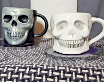 SKULL/Pirate Coffee Mug Set of 2 |Black w/ 3D White & Silver Skull | Goth Gift