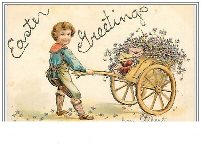 Prägekarte - Easter Greetings - Kind zieht Wagen voll - 4095