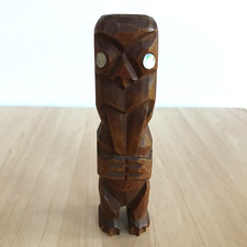 Maori Tiki Totem Hand Carved Wooden Statue New Zealand Paua Shell Small 15cm