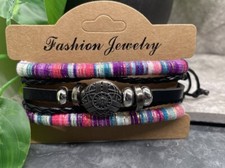 3 PC PU Leather Fabric Wrap Bracelet Set Adjustable Tie New Free Ship B3418
