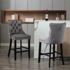 Upholstered 2pcs Barstools with Button Tufted Decoration and Wooden Legs Gray