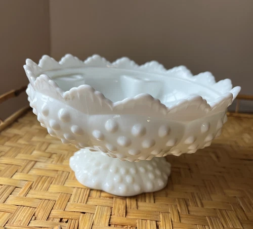 Vintage Fenton Milk Glass Hobnail Footed Pedestal Multi 6 Candle Holder Compote