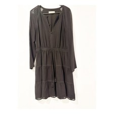 Tory Burch Black Silk Tiered Mini Dress Long Sleeve Tassel Waist Size 6