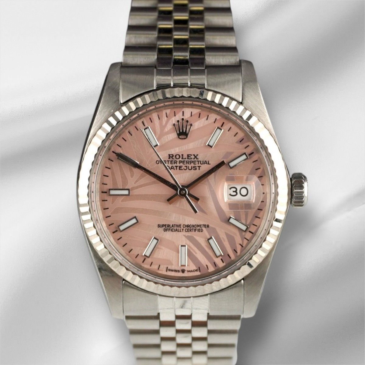 Rolex 36mm Datejust Steel Fluted Pink Palm Motif Dial Watch 16014