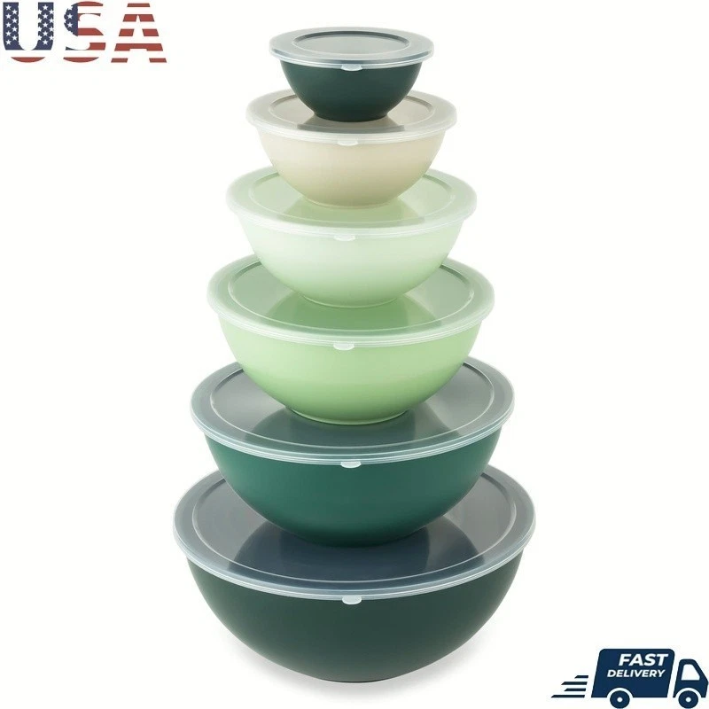 12 Piece Mixing Bowl Set W/ Lids Nesting Design Microwave Safe Kitchen Tool New