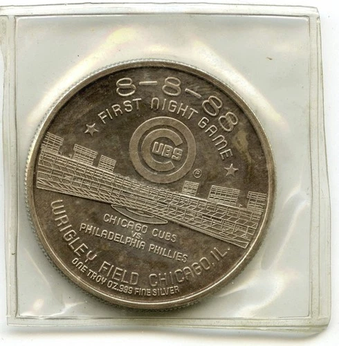 Chicago Cubs First Night Game 999 Silver 1 oz Medal Round Wrigley Field - Q705