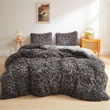 Cheetah Print Fluffy Faux Fur Duvet Cover Set, 3 Pieces Soft Plush Shaggy Fuz...