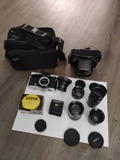 GAF L-17 / Chinon M-1 35mm SLR Film Camera Lot Lenses Pentacon Case Carry Bag