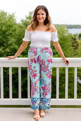 Zara Grupo Inditex Pant Women M Teal Paisley Floral Elastic Y2K Waist Aloha NWT