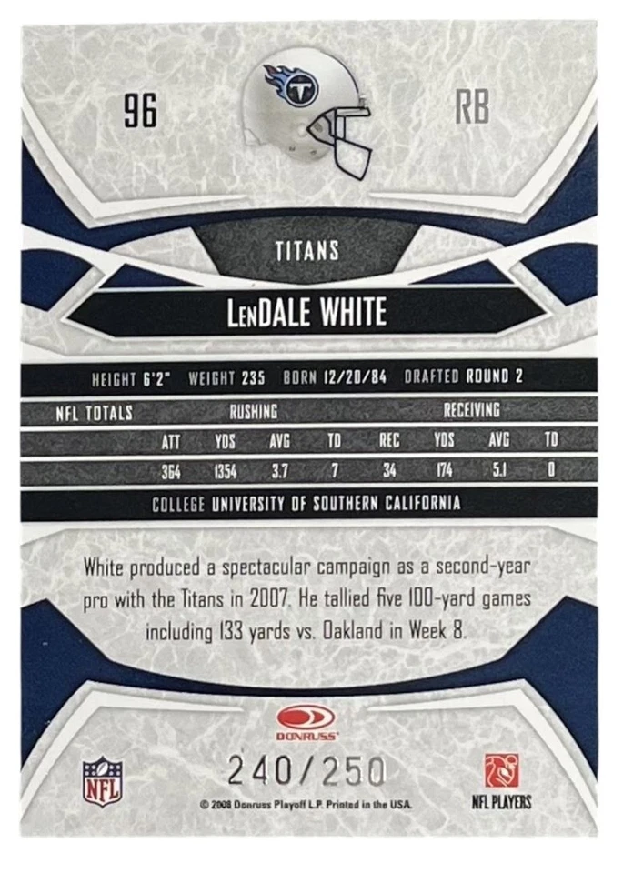 2008 Donruss Gridiron Gear Silver Holofoil X's #96 LenDale White Titans /250 - Image 2 of 2