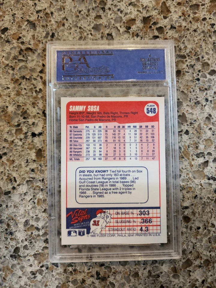 1990 Fleer - Sammy Sosa #548 PSA 10 error - Image 2 of 2