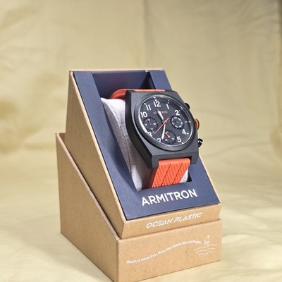 Armitron Ocean Plastic Men's Black Dial Orange Band Wristwatch Day Date 24-Hour