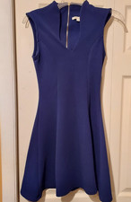 Miami Skater Mini Dress Blue V Neck Back Zip XS Fit Flare Party Club Stretch