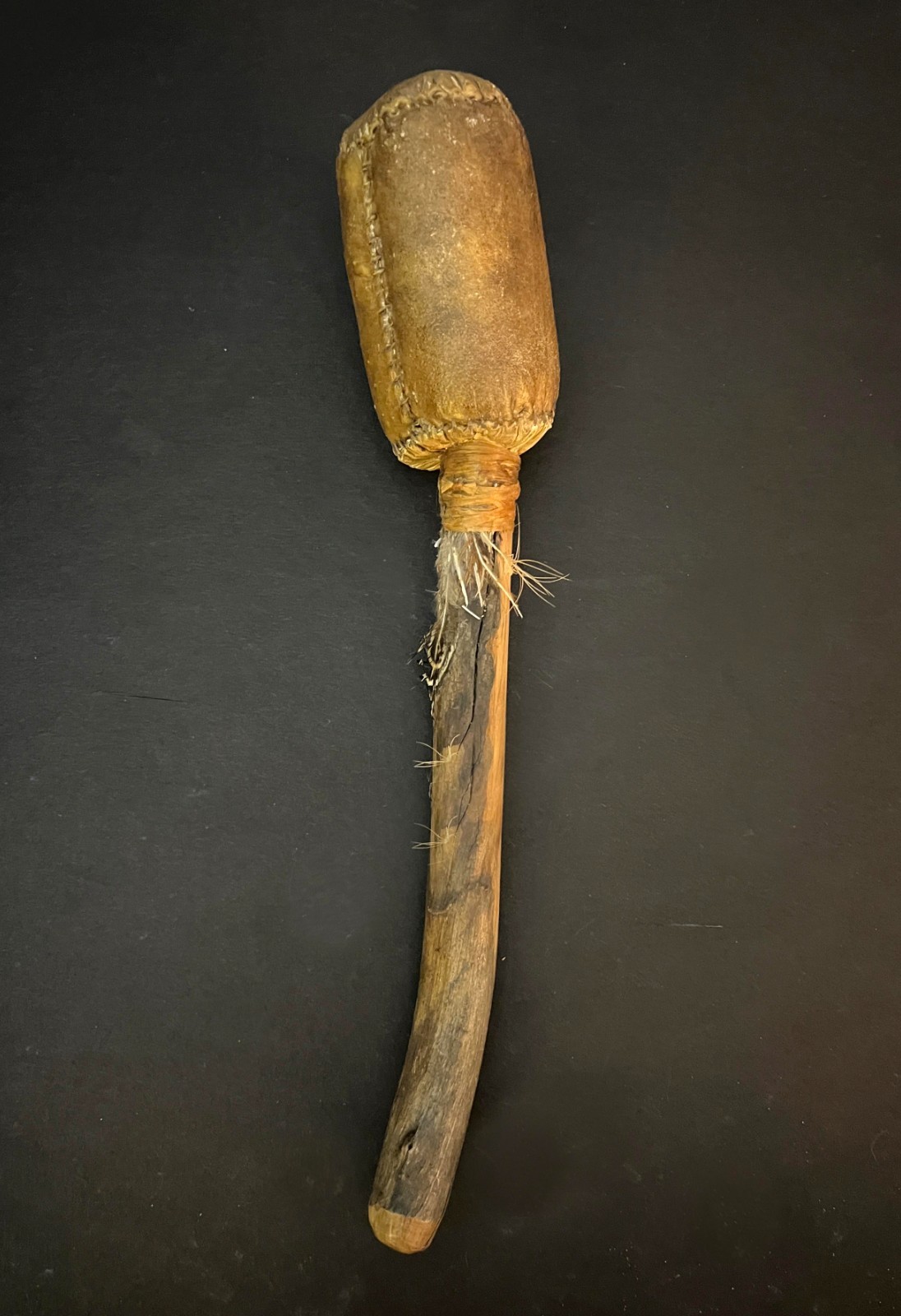 SIOUX BUCKSKIN RATTLE w/WOOD HANDLE Authentic Antique Native American Art