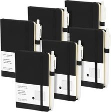 Coopay 6 Pack A6 Pocket Small Notebook with 6 White Pens Bulk Classic Black 