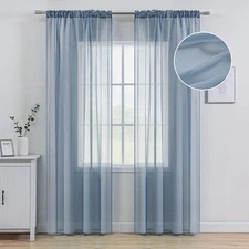 Dusty Blue Linen Textured Sheer Curtains 84 Inches Long 2 Panels for Bedroom ...