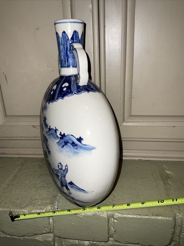 Vaso fiaschetta luna porcellana cinese Celadon Cina con paesaggio blu e bianco - Foto 7 di 11