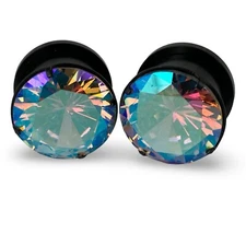 Pair 316L Black Steel Plugs with Prong Set Multicolored CZ (PS-150) gauges
