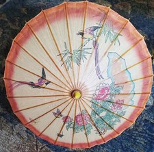 LOVELY ANTIQUE HAND PAINTED Bamboo Paper Wood Umbrella PARASOL Figurine handle