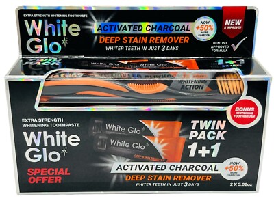 White Glo Toothpaste Activated Charcoal Stain Remover Twin Pack 5 oz x2 w Bonus