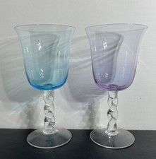 Tall Pink Blue Glass Wine Goblets Clear Twisted Stem Mid Century 8”H Hand Blown
