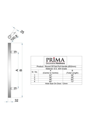 Door Pull Handle Round Offset ‘H’ Type – 60″ Satin - Picture 4 of 6