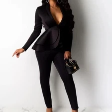 XXL-Women's Sexy Long Sleeve Ruffle Pant Suit Black Two Piece Matching Set