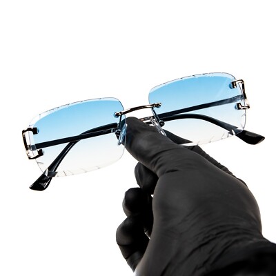 Men's Gem Cut Sky Blue Tint Silver Frame Rimless Luxury Rectangle Sunglasses