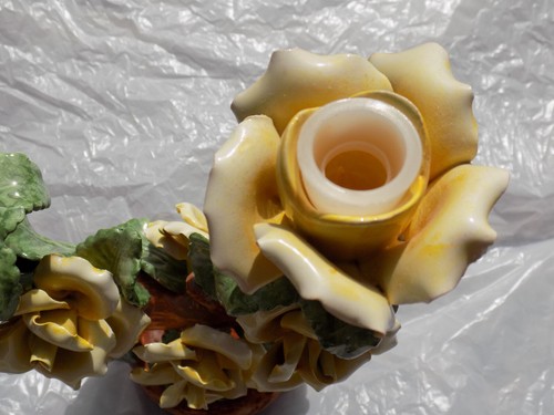 Vtg Capodimonte Double Candle V Holders Ornate Yellow roses Green Leaves Italy - Picture 5 of 16