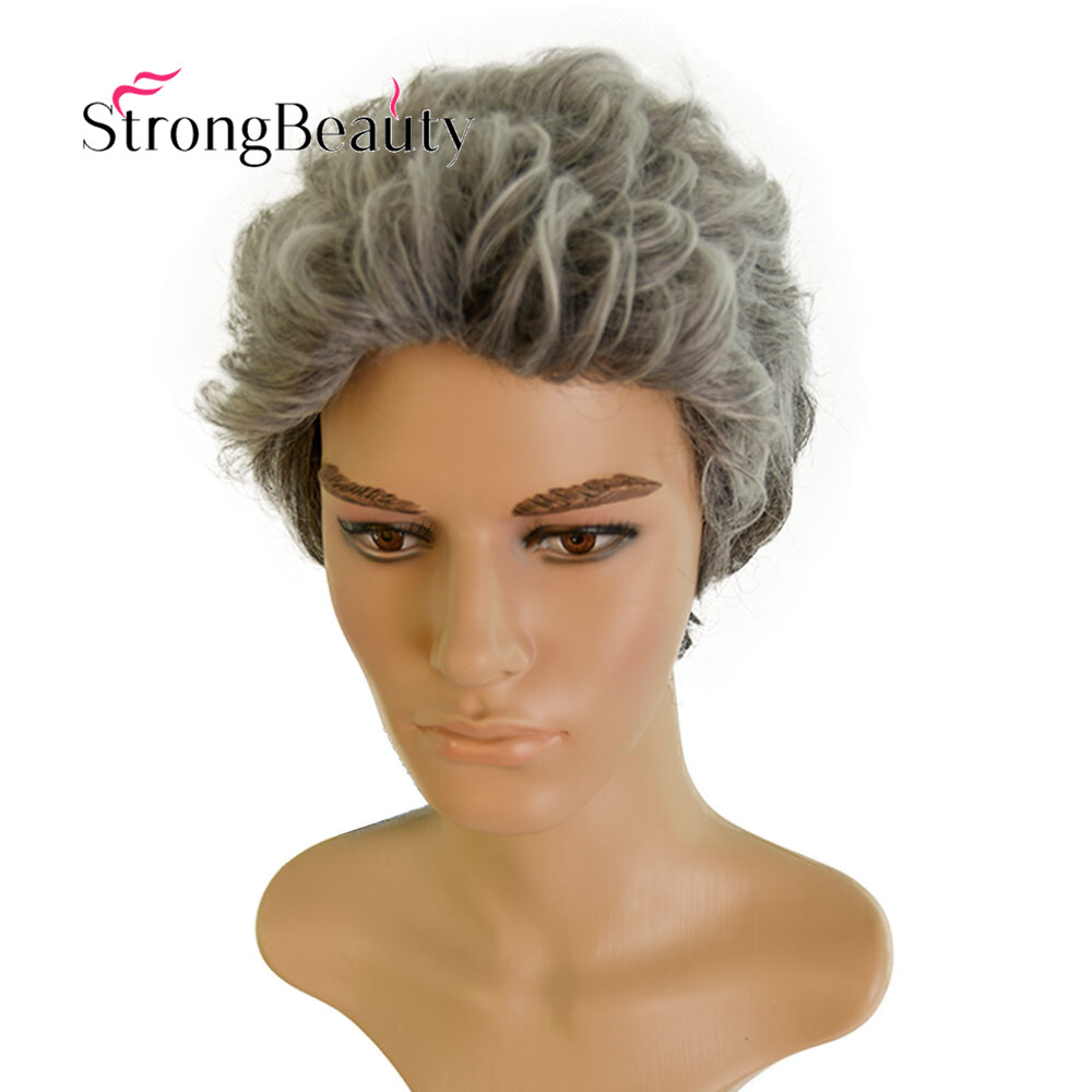 Short Ombre Silver Grey Wigs for Men Natural Gray Hair Synthetic Wavy Men Wigs eBay