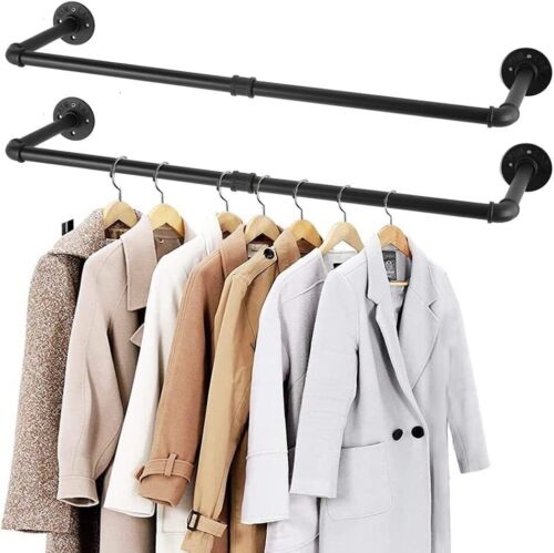 2X Wall Mounted Clothes Rack Industrial Pipe Clothes Hanging Bar Space Saving - Picture 6 of 18