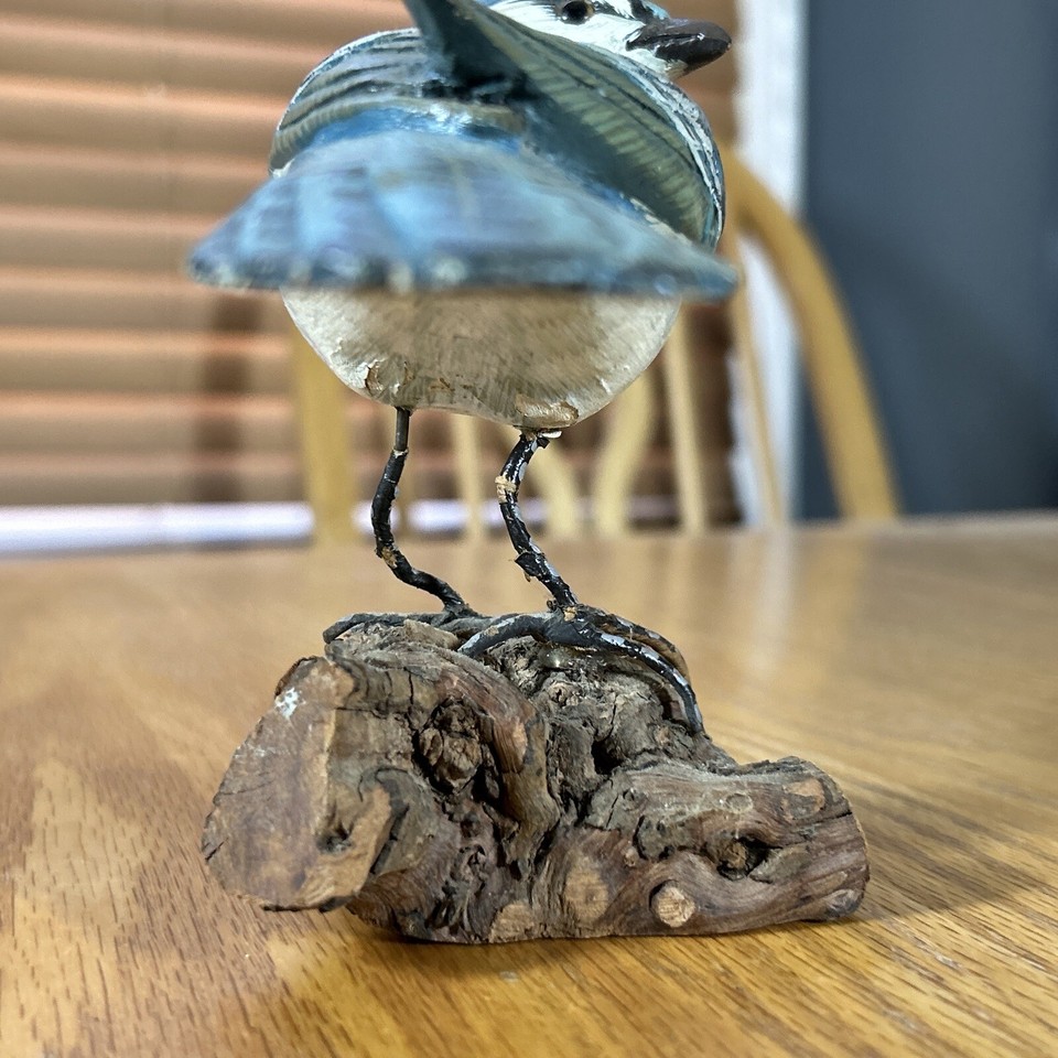 Vintage Carved Blue Jay Sculpture Wood Blue Bird Glass Eyes Original