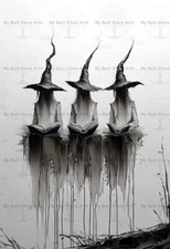 GOTHIC WITCH TRIO ART PRINT, Sorcery Ghostly Decor, Witchy Macabre Poster, E484