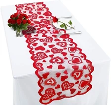 Valentines Table Runner Decorations Red Heart Print 13" x 72" Lace Love Wedding