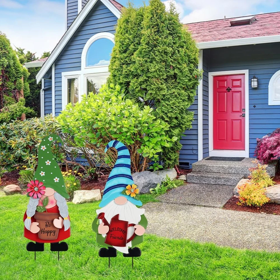 Decoración de jardín para exterior, juego de 2 gnomos de metal 27,6” estacas de jardín decorativas con Foto 3 de 4
