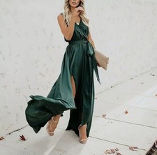 V-Neck Faux Wrap Maxi Dress High Slit Party Cocktail Boutique Summer Boho Flow L