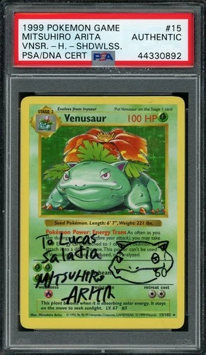 Pokemon Mitsuhiro Arita Signed Sketched Shadowless Base Venusaur Holo PSA AUTO